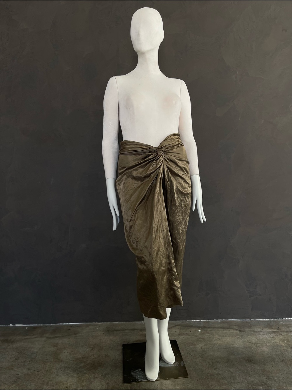Vince Dark Pistachio Olive Metallic Twist Front Crushed Midi Skirt Size 12